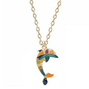 Dainty Colorful Enamel Dolphin Pendant Necklace Golden Tone Cute Holiday Gift